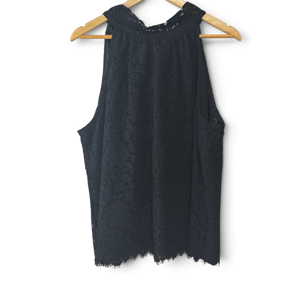 J.Crew Black Floral Lace Halter Tie Back Sleeveless Top XL Eyelash Trim